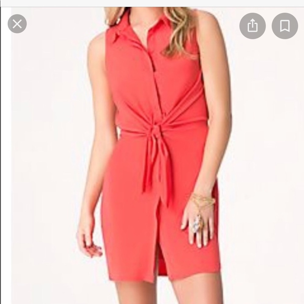New! BEBE Front Tie Button Up Dress Coral Midi